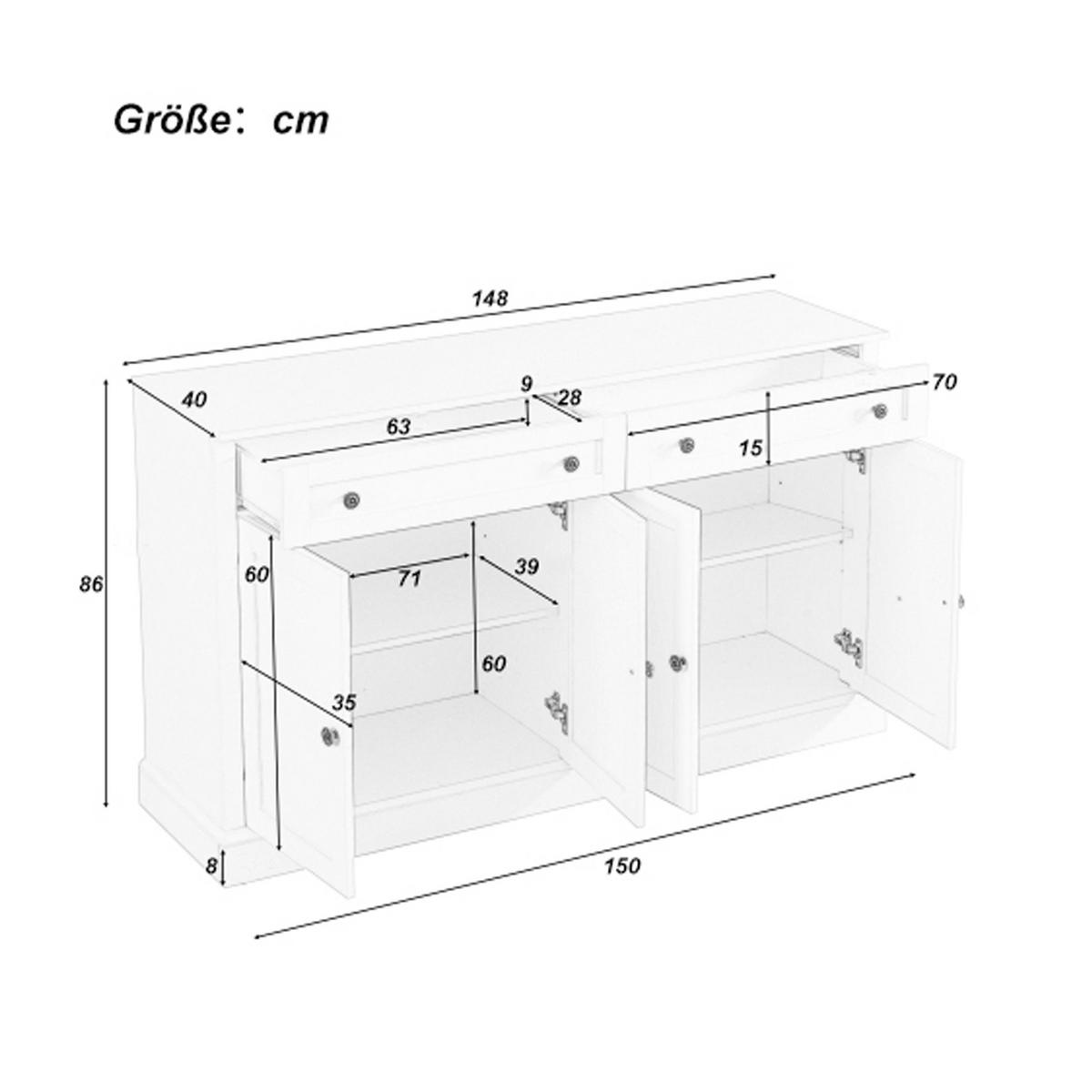 SIDEBOARD 150 cm in Antik Weiß mit 4 Schubladen und 4 Türen - Creme, Holzwerkstoff (150/86/40cm) - Urban Meuble