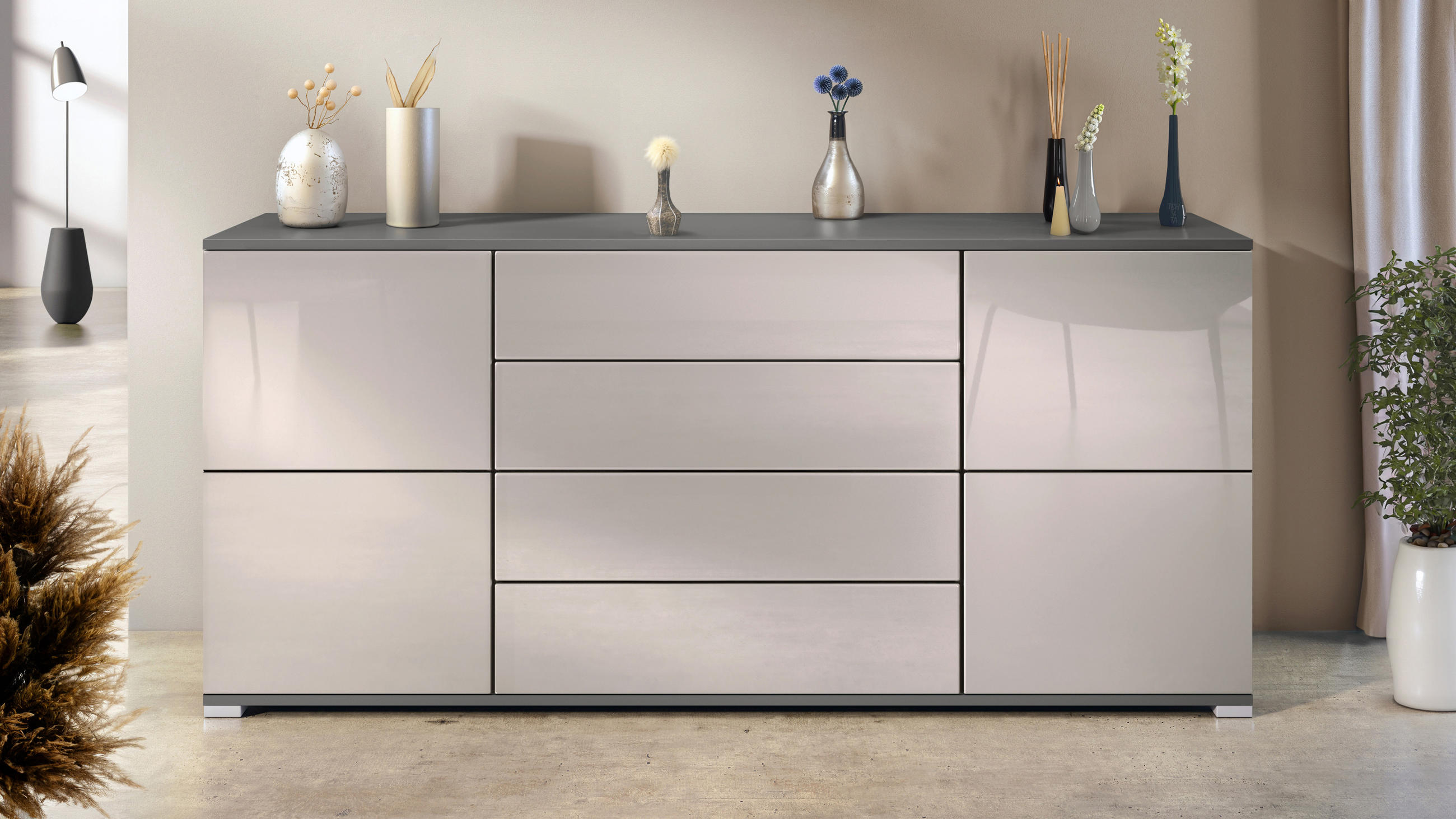 SIDEBOARD Rova Sandgrau Hochglanz - Sandfarben, Holzwerkstoff (166.5/75.5/35cm) - Vladon