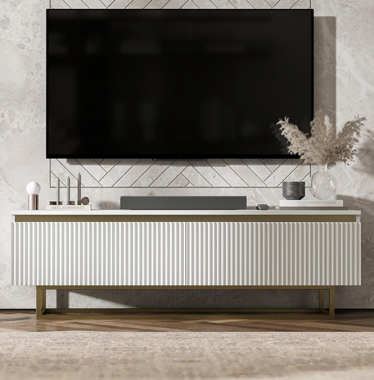 TV-SCHRANK Selene Glamour Weiß Matt mit Metallrahmen 140 cm - Goldfarben/Weiß, Holzwerkstoff/Metall (140/44/35cm) - Meble Lindner
