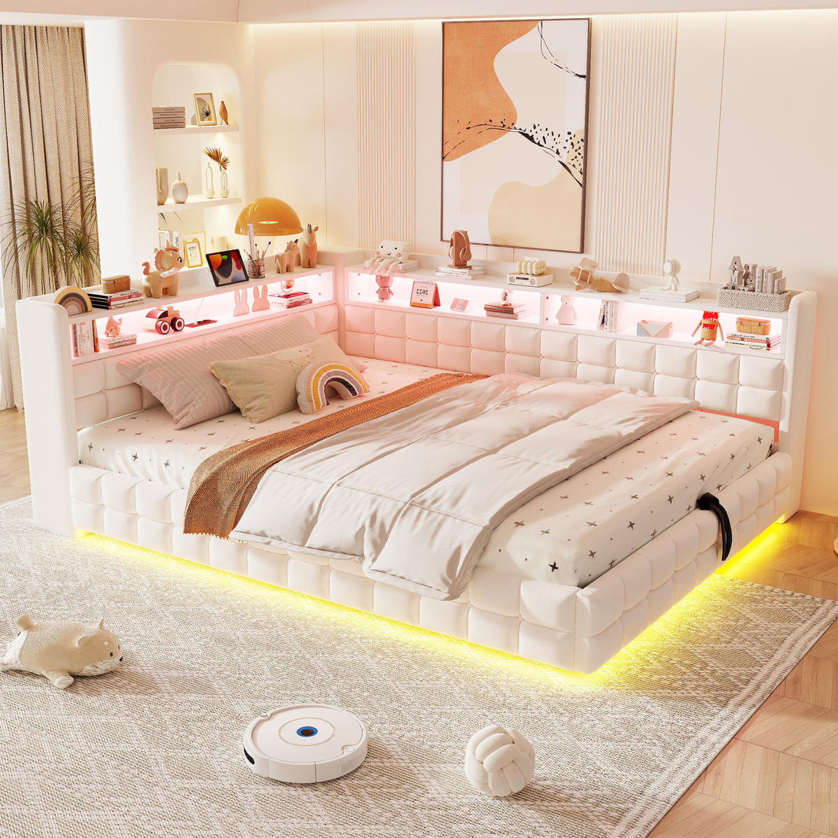 POLSTERBETT Beige 140×200cm mit hydraulischem Stauraum, Holzregal, LED-Lichtleiste und Ladeanschlüssen - Beige, Textil (140/200cm) - Luhomfu