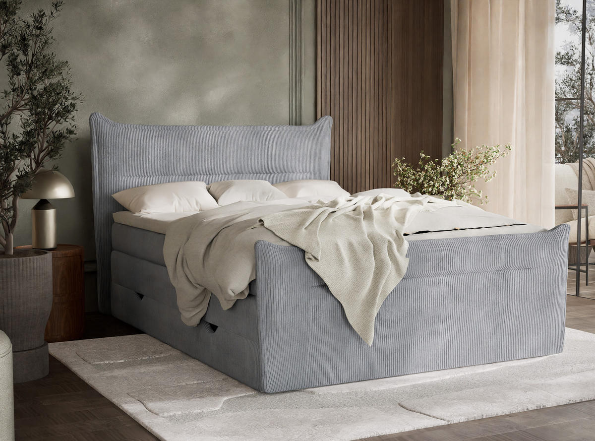 BOXSPRINGBETT Pelino 180/200 cm, in Hellgrau, Bettkasten, Matratze, Topper - Hellgrau/Schwarz, Holz/Holzwerkstoff (180/200cm) - Maison de Reve