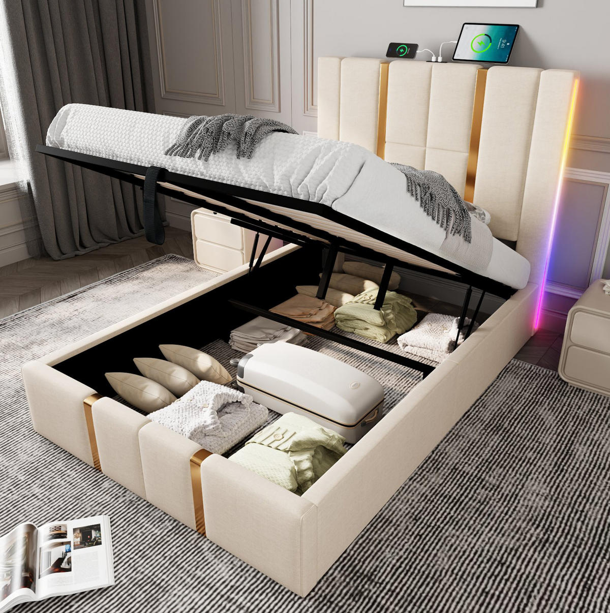 POLSTERBETT 90/200 cm mit Bettkasten, LED-Beleuchtung und gepolstertem Kopfteil - Beige, Textil (90/200cm) - BEAOK