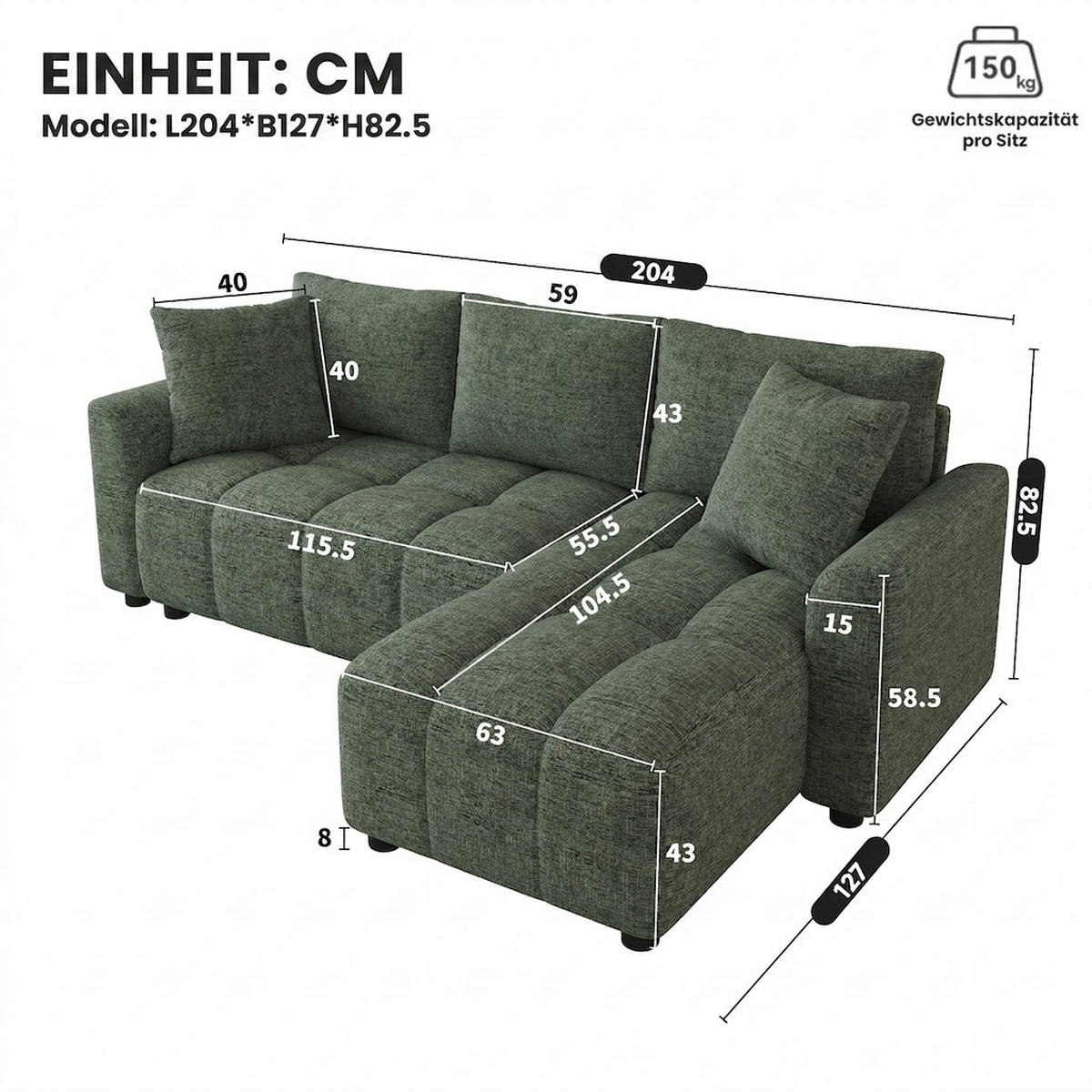 ECKSOFA 204/127/82.5 cm Grün Chenille mit 2 Zierkissen - Grün, Kunststoff/Textil (204/127cm) - Oxeza