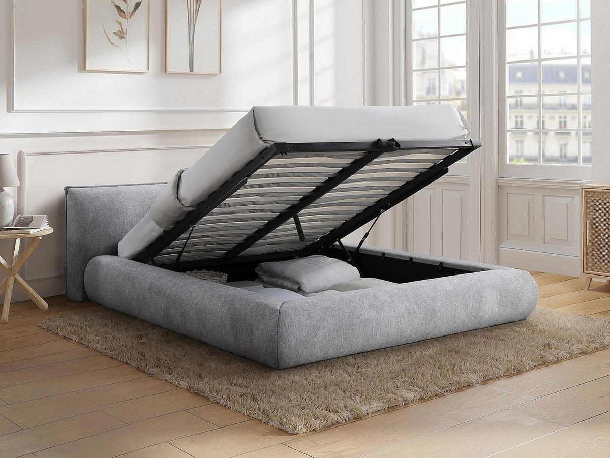 BETT mit Bettkasten - 2 Personen - Stoff - Hellgrau - Hellgrau, Textil (160/200cm) - Vente-Unique