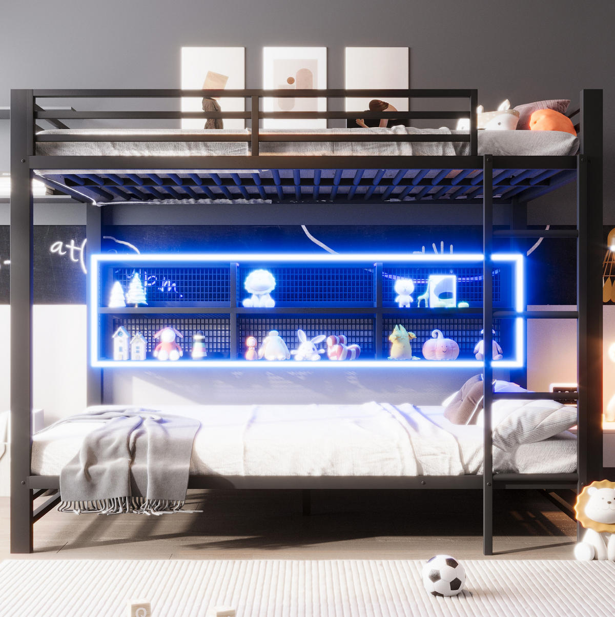 ETAGENBETT 140/200 cm Schwarz mit 6 Stauraumschränken und LED - Schwarz, Metall (140/200cm) - MIVRAY