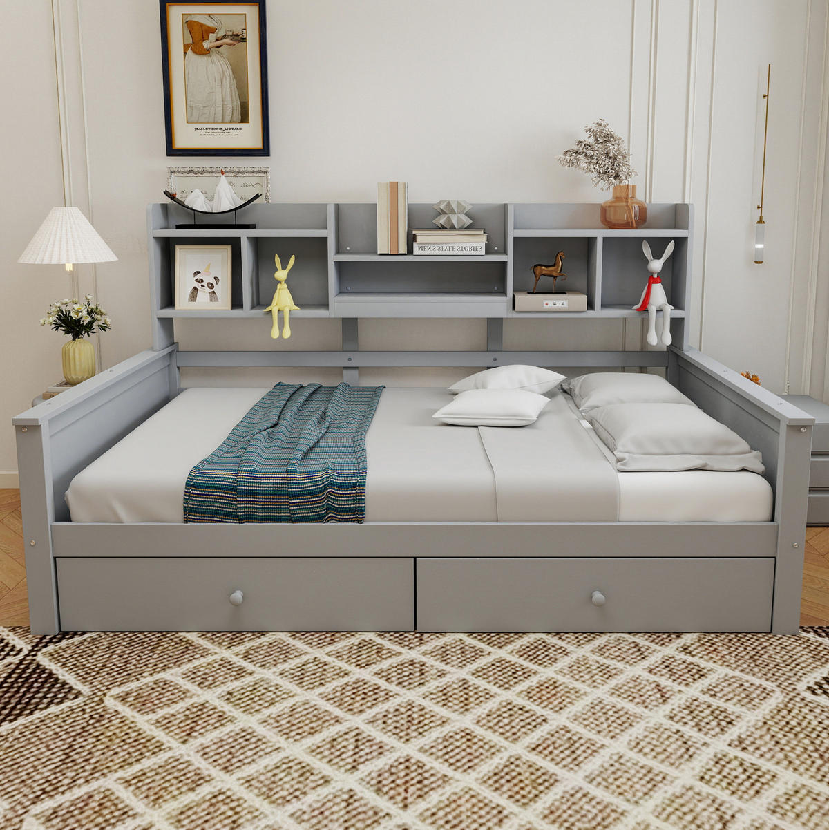 SCHLAFSOFA aus Massivholz 90x200 cm Grau mit Schubladen, Regalfächern und Lattenrost - Grau, Holzwerkstoff (90/200cm) - IVMEU