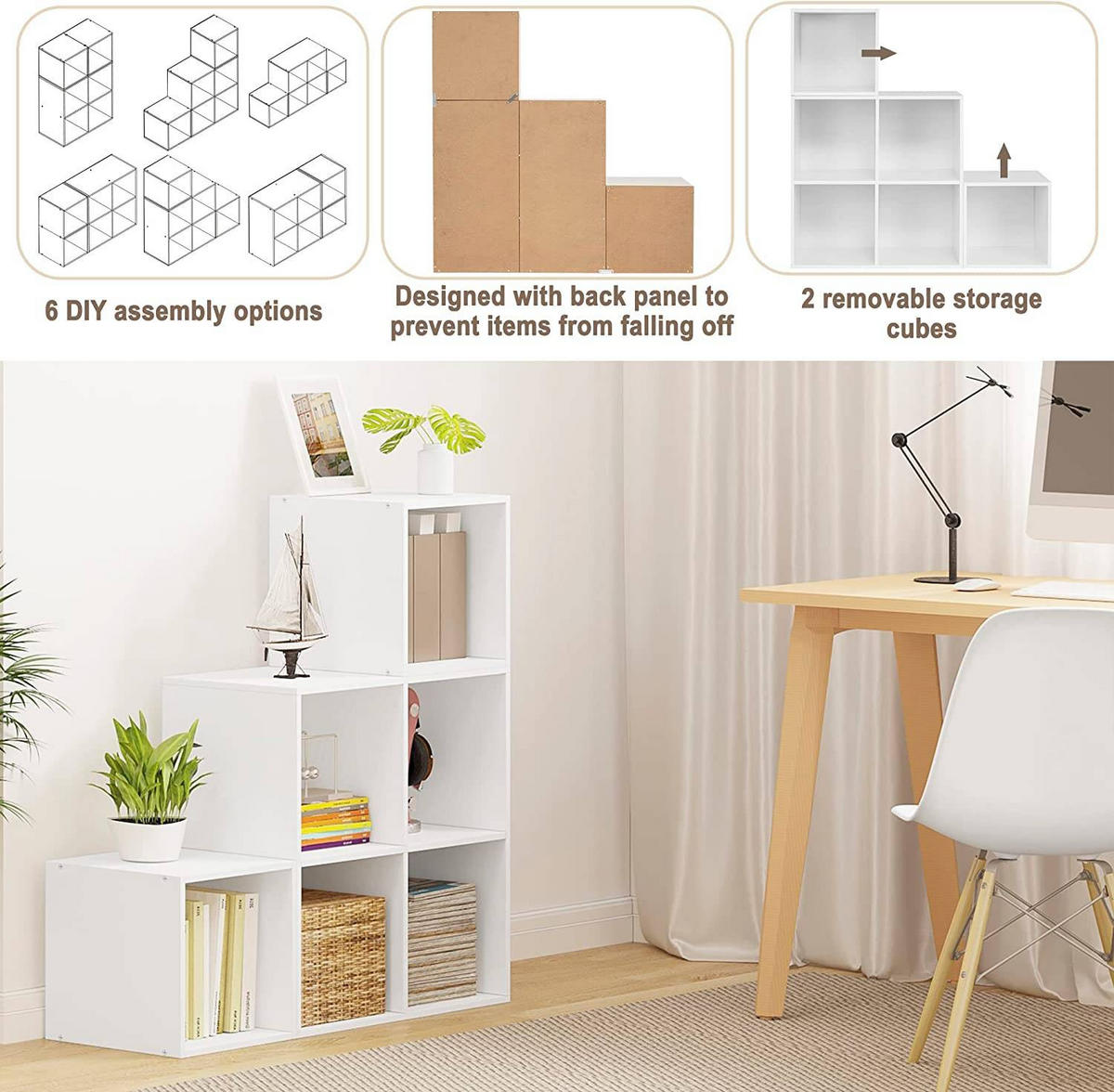 REGAL Bücherregal mit 6 Fächern, Stufenregal, 90x90x30 cm,Weiß - Weiß, Holzwerkstoff (90/90/30cm) - Woltu