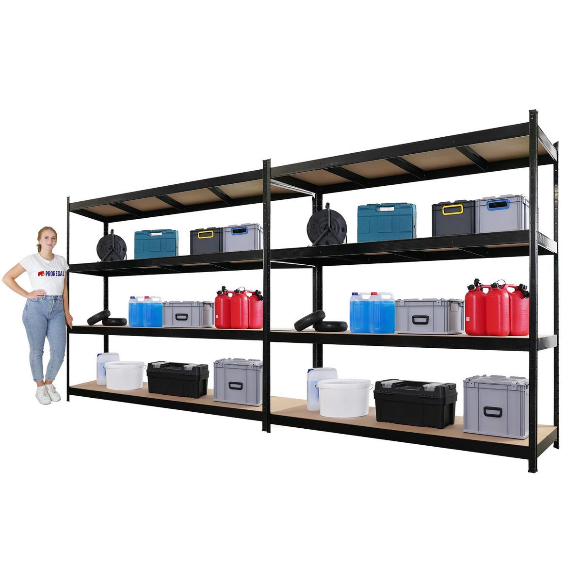SCHWERLASTREGAL 2 Stück Hercules 200x200x60cm 4 MDF-Platten-Ebenen Fachlast 500kg Schwarz - Schwarz, Metall (200/200/60cm) - PROREGAL