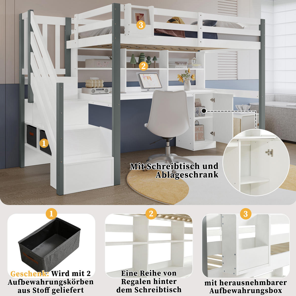 HOCHBETT 90x200 cm Schreibtisch Stauraum - Weiß, Holz (90/200cm) - LEBENLANG