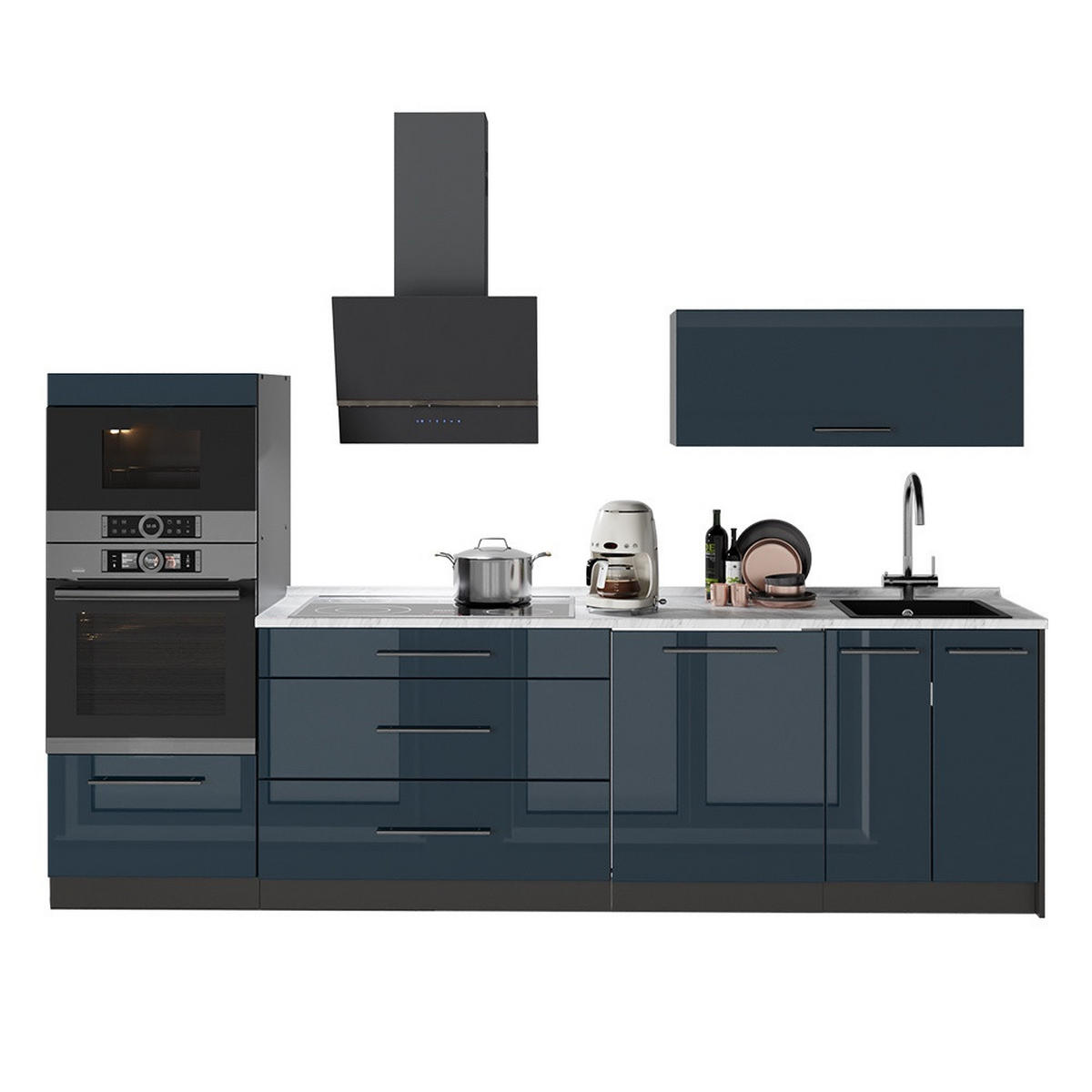 KÜCHENZEILE Fame-Line, Dunkelblau Hochglanz/Anthrazit, 280 cm, AP Marmor - Anthrazit/Dunkelblau, Holzwerkstoff (280/153.6/60cm) - Vicco