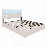 POLSTERBETT 160x200 cm mit LED-Beleuchtung - Kopfteil-Stauraum, Ladestation und hydraulischem Stauraum - Beige - Beige, Textil (160/200cm) - DELFA