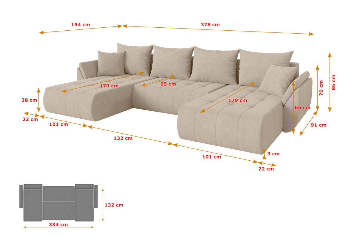 SEDACÍ SOUPRAVA DO U s funkcí spaní a úložným prostorem TOKO-U 378x194x86 béžová velur - černá/Sahara, kompozitní dřevo/textil (378/86/194cm) - ALTDECOR