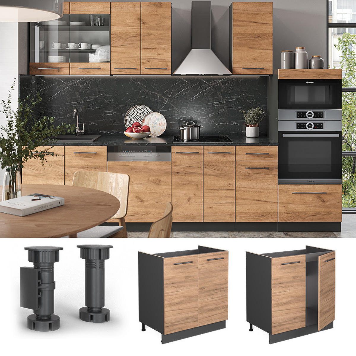 SPÜLENUNTERSCHRANK Fame-Line Goldkraft Eiche 80 cm, AP Marmor - Anthrazit/Eiche Wotan, Holzwerkstoff (80/82/60cm) - Vicco