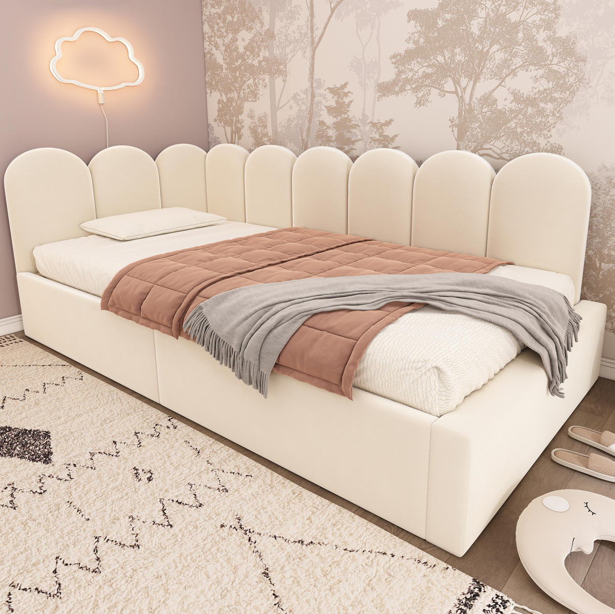 POLSTERBETT aus Samt 90x200 cm in Beige mit hydraulischem Stauraum - Beige, Textil (90/200cm) - Modfu