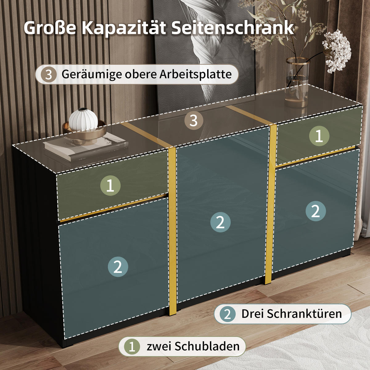 SIDEBOARD Hochglanz 3 Türen 2 Schubladen modern - Schwarz, Holzwerkstoff (40/78/160cm) - FLIEKS