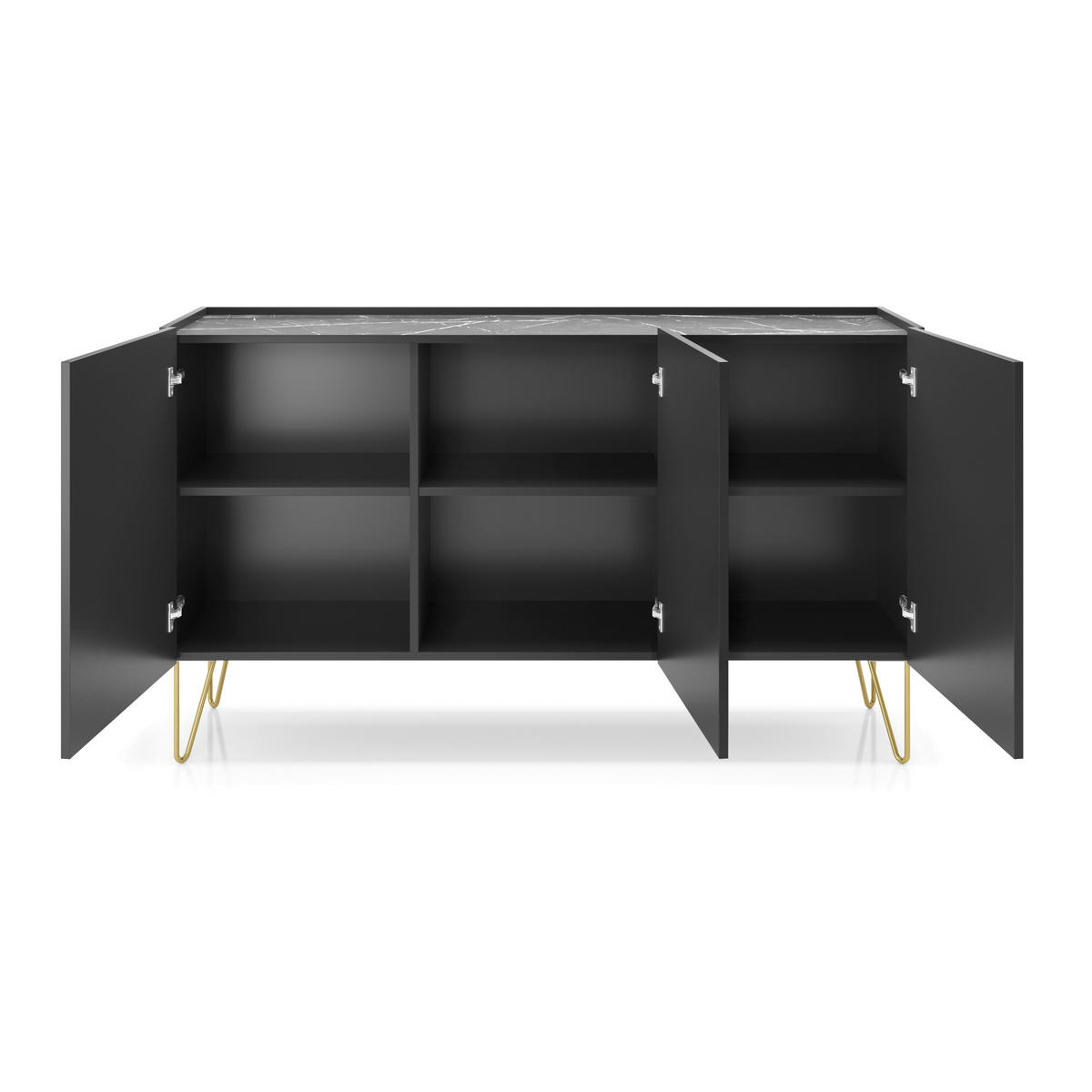 SIDEBOARD Canmore K144 – Schwarz, Dreitürige - Schwarz, Glas/Holzwerkstoff (144/83/37cm) - Komodee