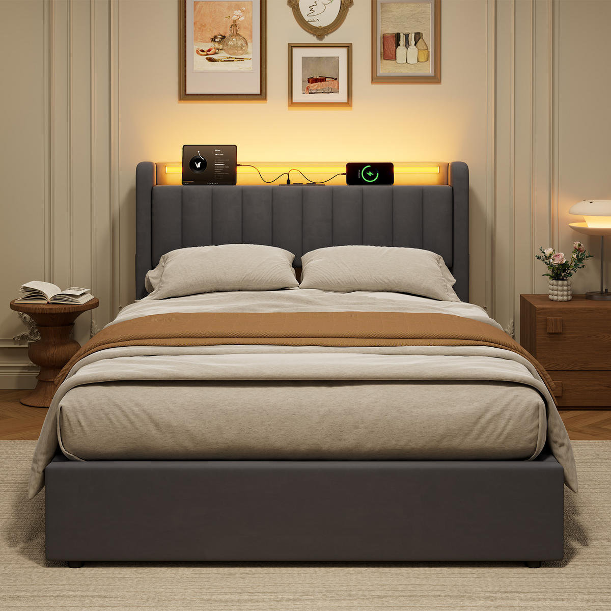 POLSTERBETT 140x200cm mit abgerundeten Kanten,mit Bettkasten und LED-Beleuchtung,Grau - Grau, Holzwerkstoff/Textil (140/200cm) - EVRYAE