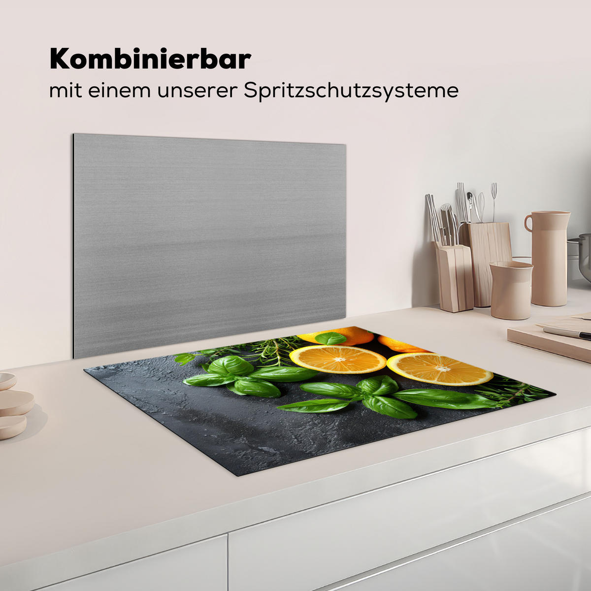 HERDABDECKPLATTE Obst - Grau - Konkret - Orange - Pflanzen Induktionsmatte 71x52 cm - Anthrazit, Kunststoff (71/52/0.2cm) - MuchoWow