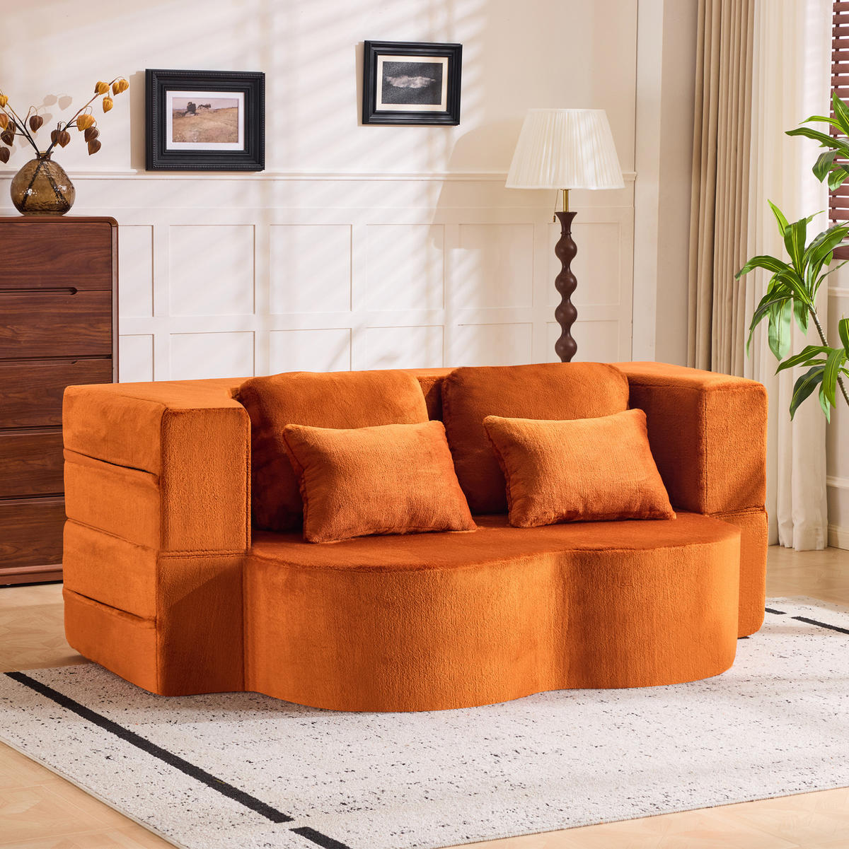 BODENSCHLAFSOFA klappbar mit hochdichtem Schaumstoff, 4 Kissen und vielseitiger Nutzung, Orange - Orange, Kunststoff (198/76/60cm) - Redom
