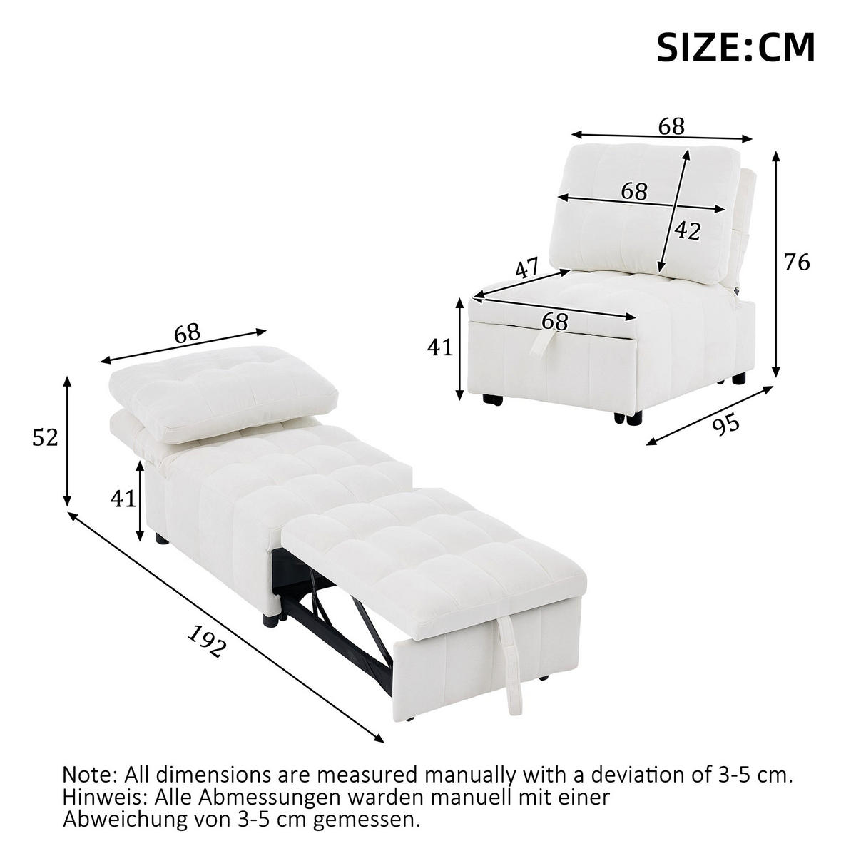 SCHLAFSESSEL aus Stoff, Verstellbare Rückenlehne, Weiß - Weiß, Textil (95/76/68cm) - Urban Meuble