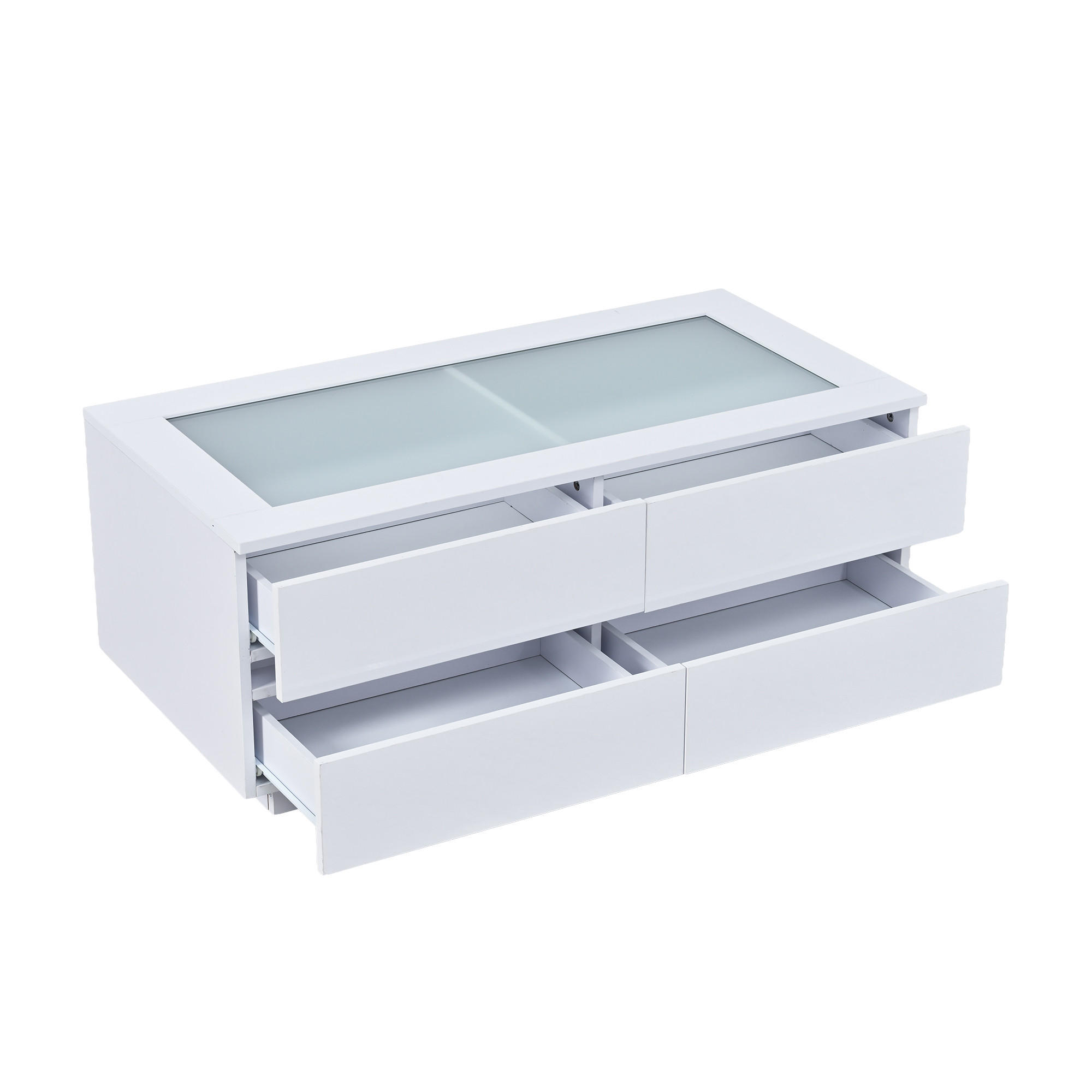 COUCHTISCH DE-37135 mit 4 Schubladen, Glasplatte und LED Weiß - Weiß, Holzwerkstoff (100/50/40cm) - ComfortXL