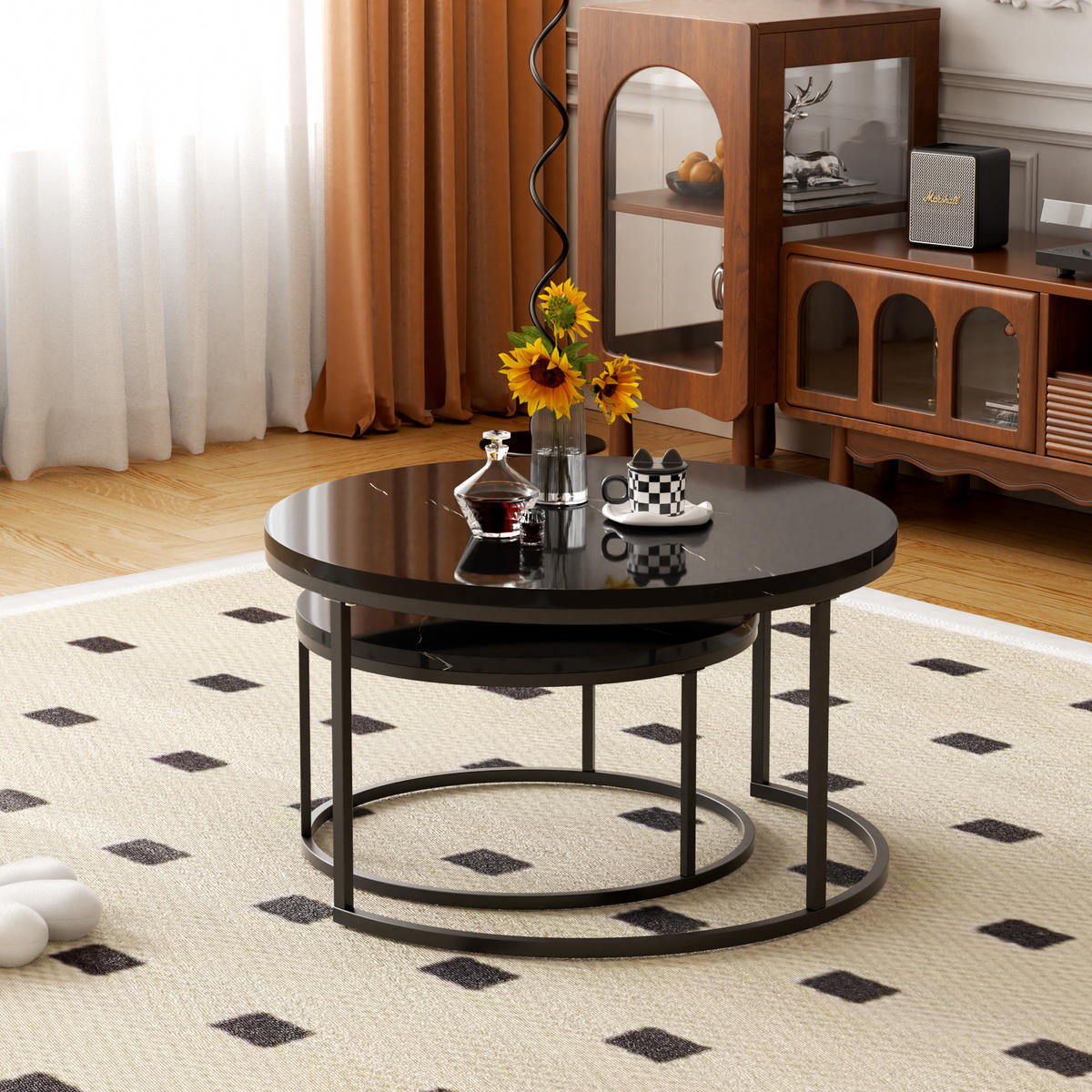 COUCHTISCH Runder 2-teiliger Satztisch 80/80 cm + 60/60 cm - Schwarz, Holzwerkstoff (80/80/45cm) - OKWISH