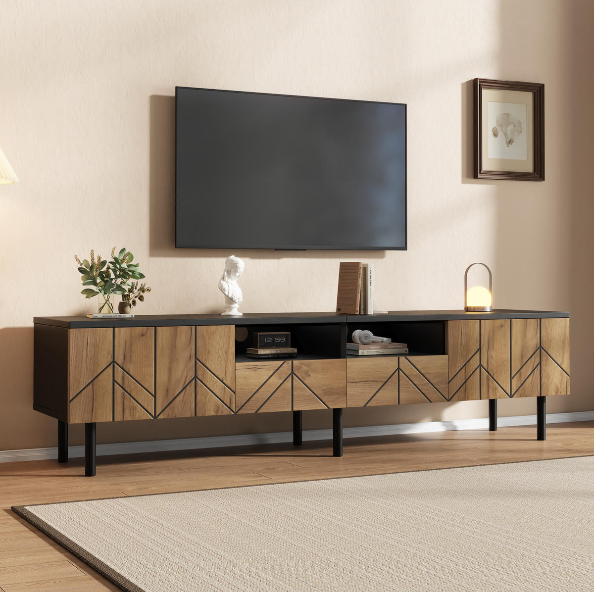 TV-LOWBOARD 180/40/45 cm schwarz/natur aus Spanplatte mit 2 Schubladen und 2 Türen - Schwarz, Holzwerkstoff (180/45/40cm) - OKWISH