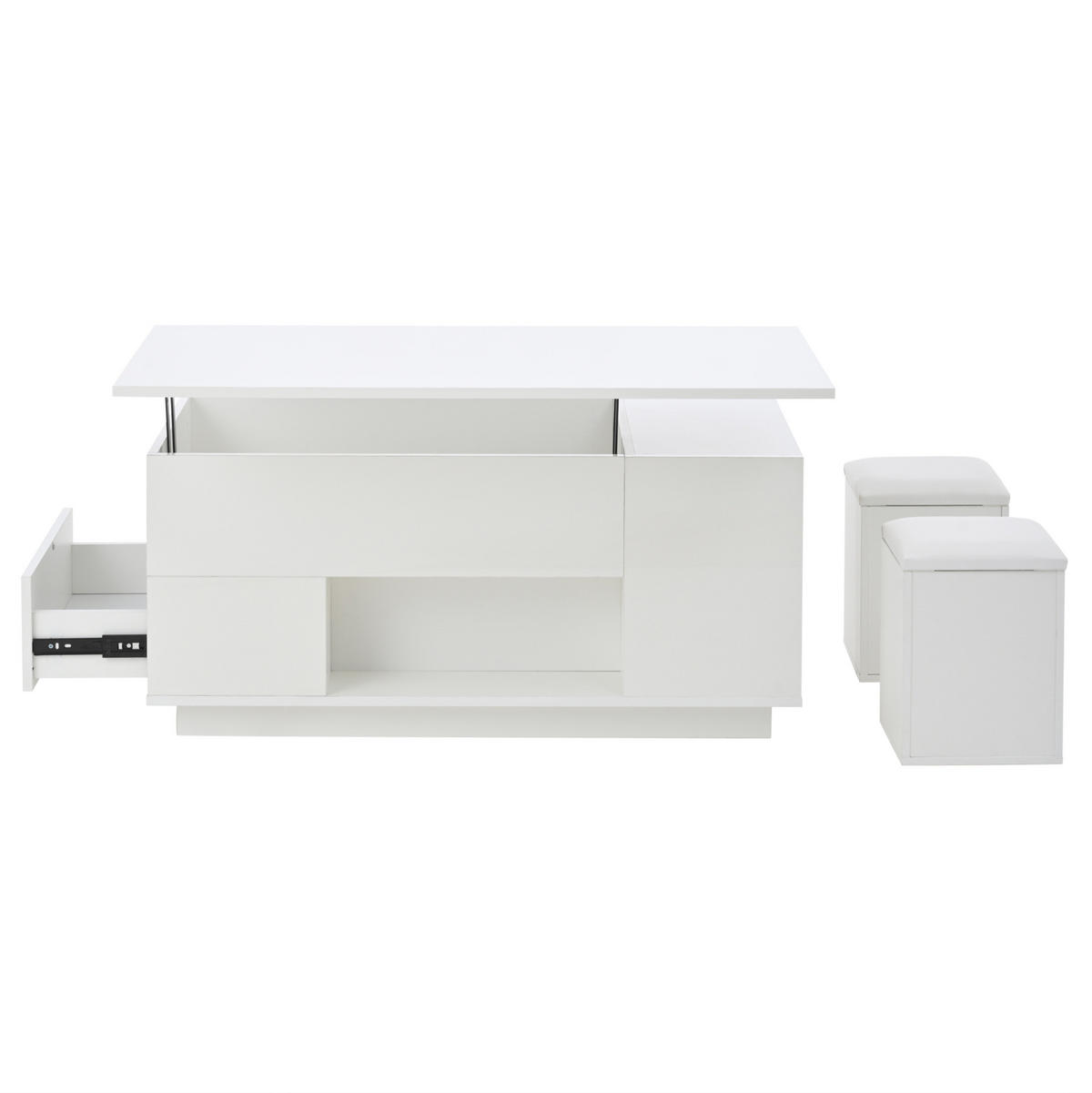 COUCHTISCH höhenverstellbar 100 x 50 x 45 cm Weiß mit LED und 2 Hockern - Weiß, Holzwerkstoff (100/50/59cm) - Meubliv