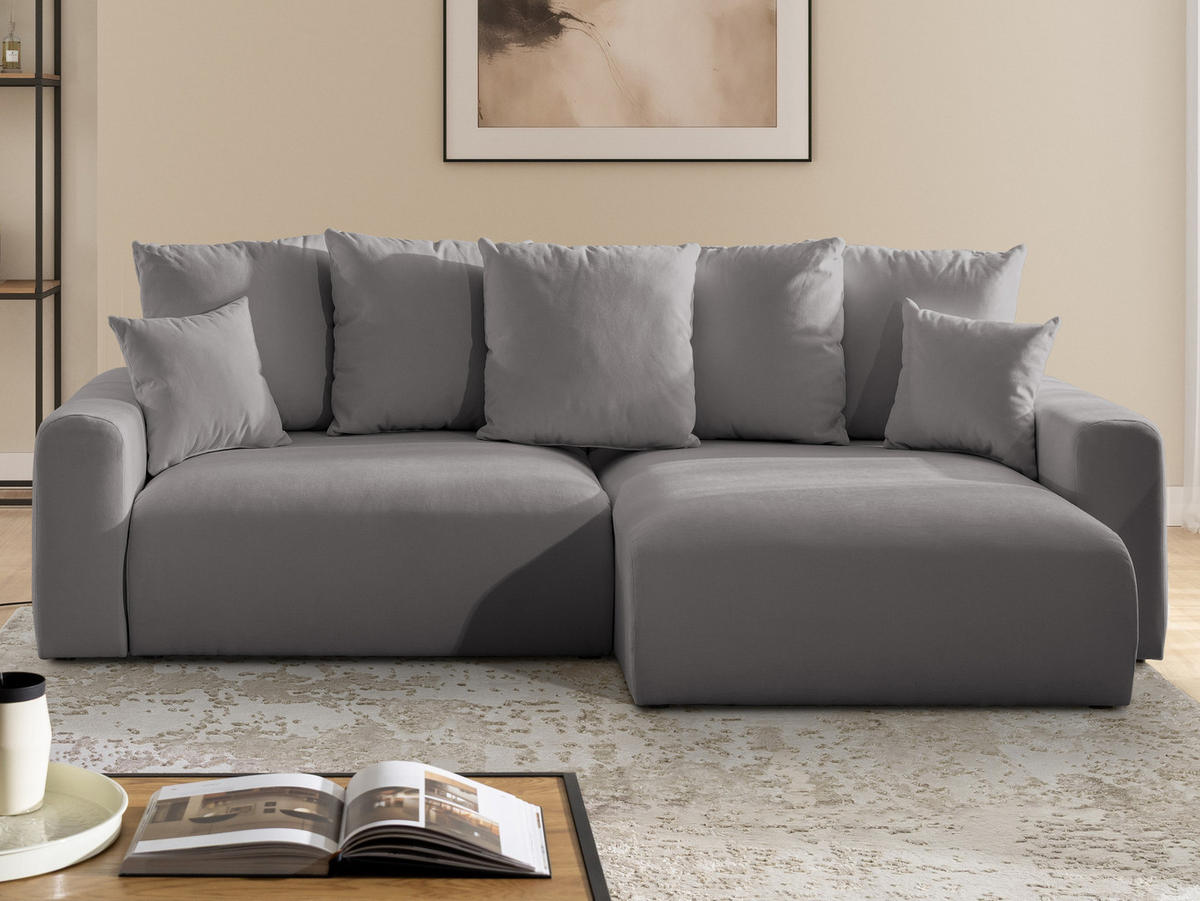 ECKSOFA Calma mit Schlaffunktion und Bettkasten im Bumpy-Design aus weichem Taupe Webstoff - Ottomane rechts - Taupe/Schwarz, Holz/Kunststoff (140/239cm) - S-Style