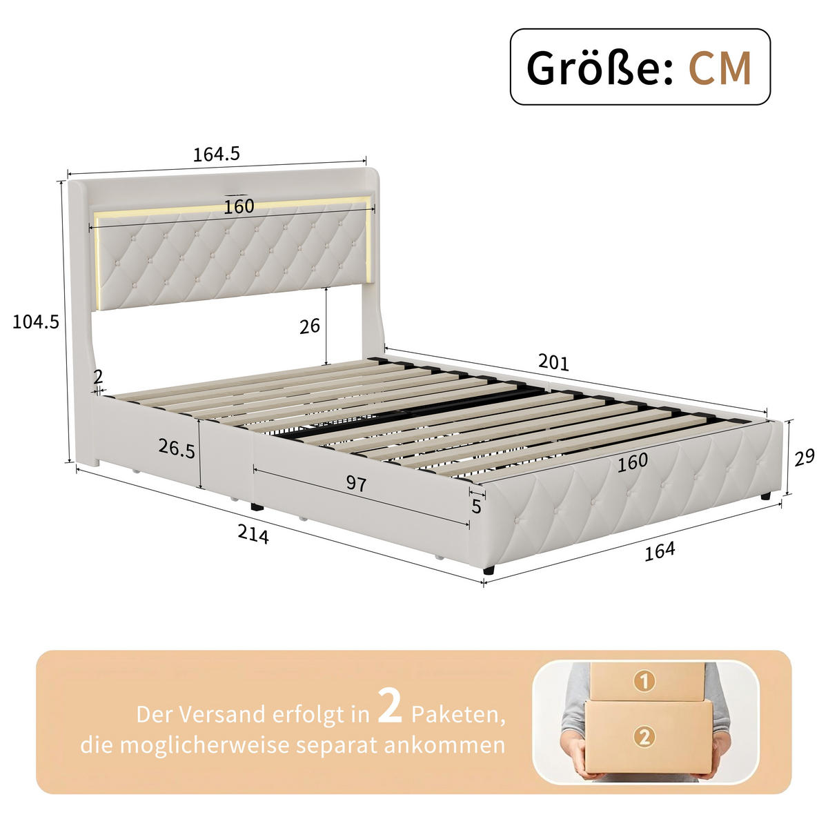 POLSTERBETT 160x200cm Funktionsbett mit LED-Beleuchtung und Stauraum – Samt Beige - Beige, Textil (160/200cm) - DELFA