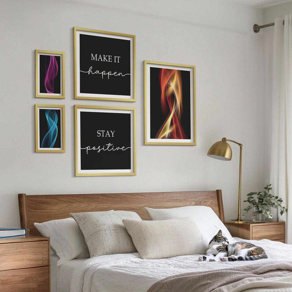 BILDER SET 5er Set - 50x50 cm & 20x30 cm & 40x60 cm Goldrahmen - Blumen Marmor weiß schwarz - Goldfarben, Kunststoff (40/60cm) - TULUP