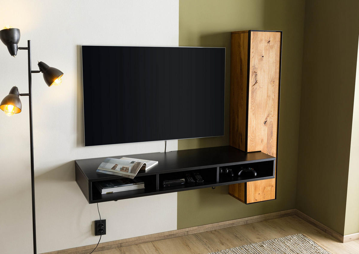 WOHNWAND schwebend Wildeiche 161x49x140 natur geölt / schwarz lackiert STARNBERG #08 - Naturfarben, Holz (161/140/49cm) - Massivmoebel24