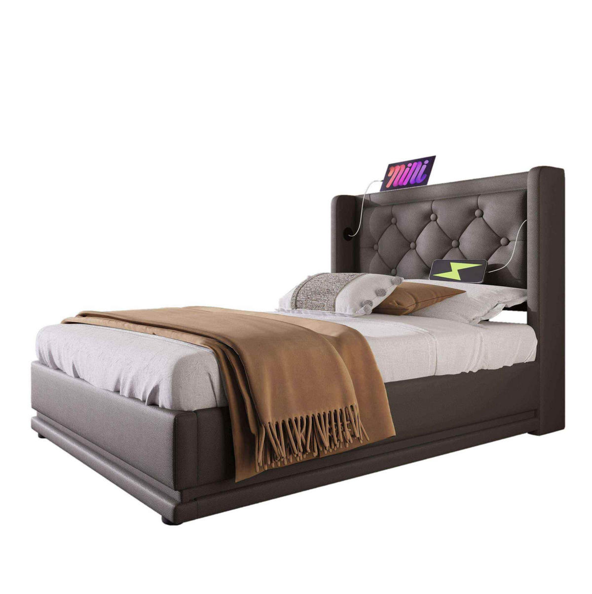 POLSTERBETT 90/200 cm Schwarz aus PU mit Stauraum, LED und USB- und Type-C-Anschlüssen - Schwarz, Kunststoff (90/200cm) - Flora Grace