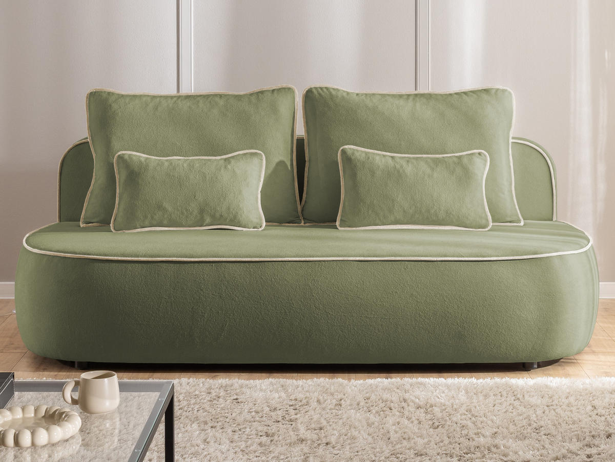 SCHLAFSOFA Vero im modernen und abgerundeten Design mit Bettkasten aus Olivgrün Plüschstoff mit beiger Paspel - Schwarz/Olivgrün, Holz/Kunststoff (210/90/98cm) - S-Style Möbel