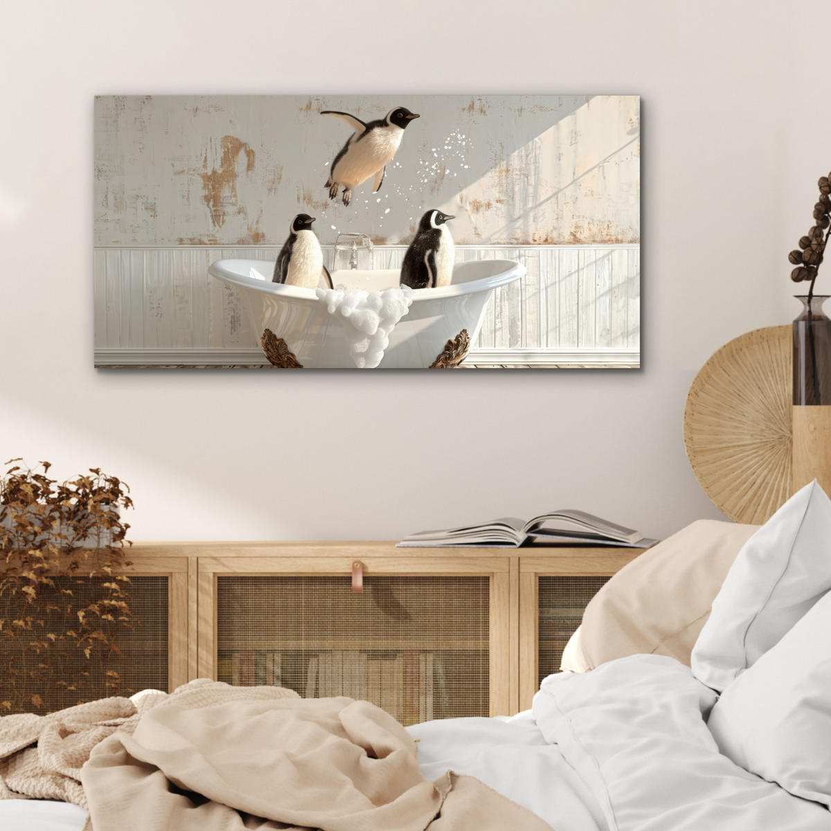 KOVOVÝ OBRAZ Vintage - Tučniak - Vaňa - Pena 80x40 cm - čierna, kov (80/40cm) - MuchoWow