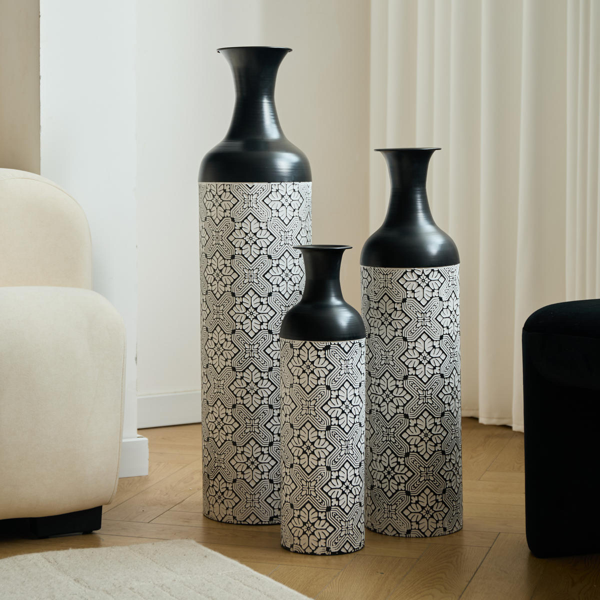 BODENVASE 3-tlg Bodenvase-Set 50-83cm Stapelbare Metallvase Geometrisch für Trockenblumen - Schwarz, Metall (69.5cm) - Raelunyi