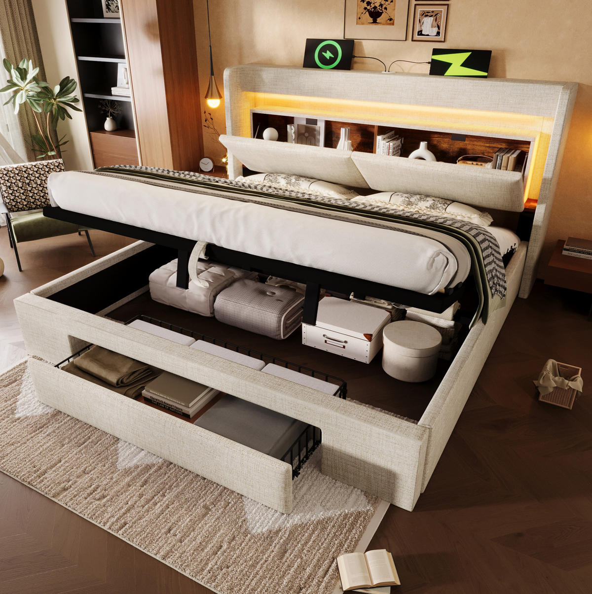POLSTERBETT mit Stauraum 160x200 cm Leinen Beige - Beige, Metall (160/200cm) - Meubliv