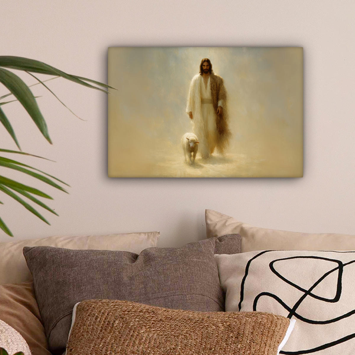 LEINWANDBILD Schaf - Jesus - Pinselstriche - Abstrakt Deko Schlafzimmer 30x20 cm - Sandfarben, Textil (30/20cm) - MuchoWow