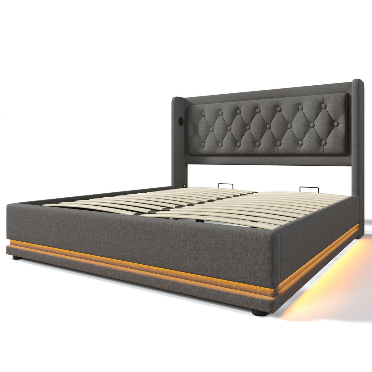 POLSTERBETT mit Bettkasten 160x200 cm Grau USB & LED - Grau, Metall (160/200cm) - Meubliv
