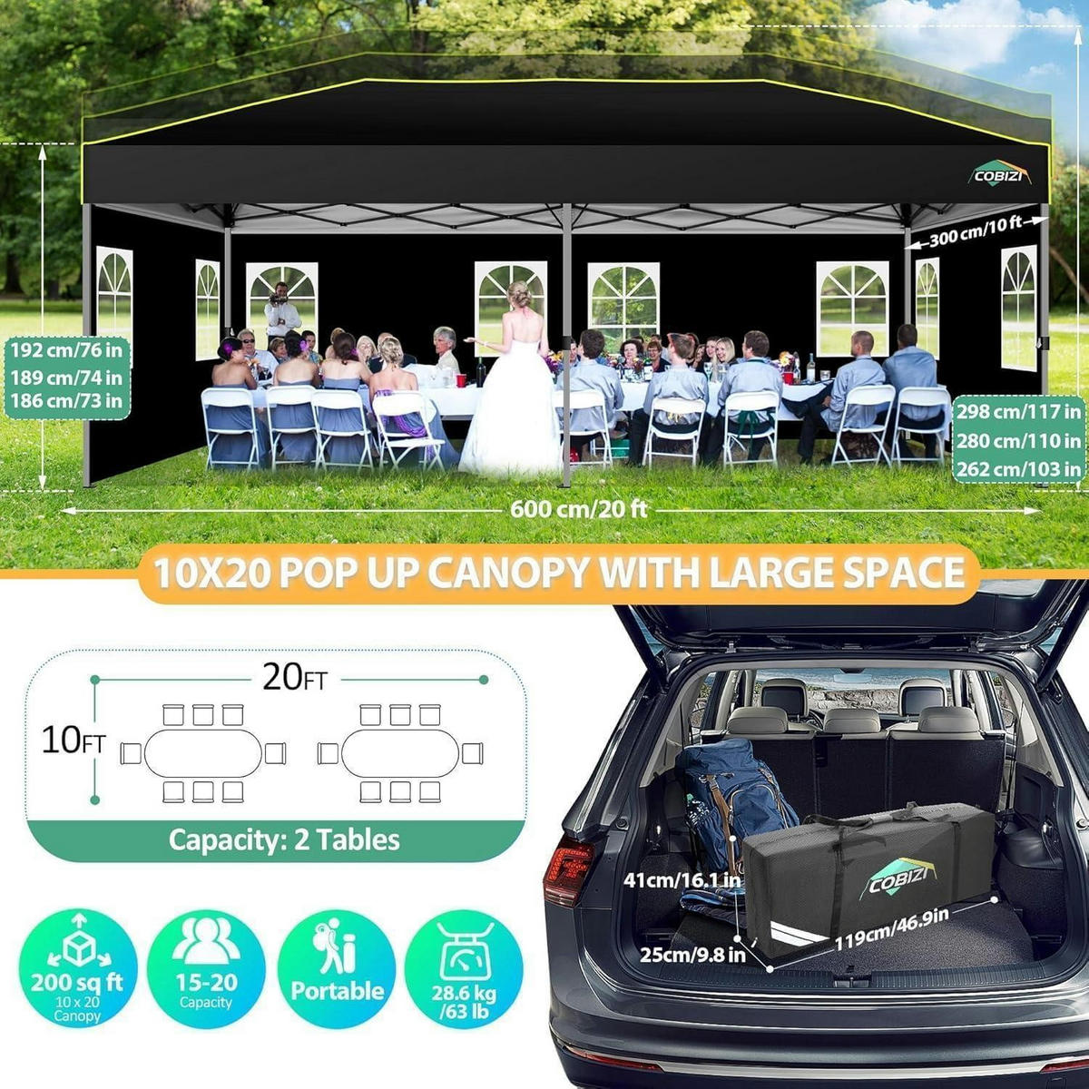 FALTPAVILLON 3x6m mit Seitenwänden Schwarz Textil - Schwarz, Textil (300/298/600cm)