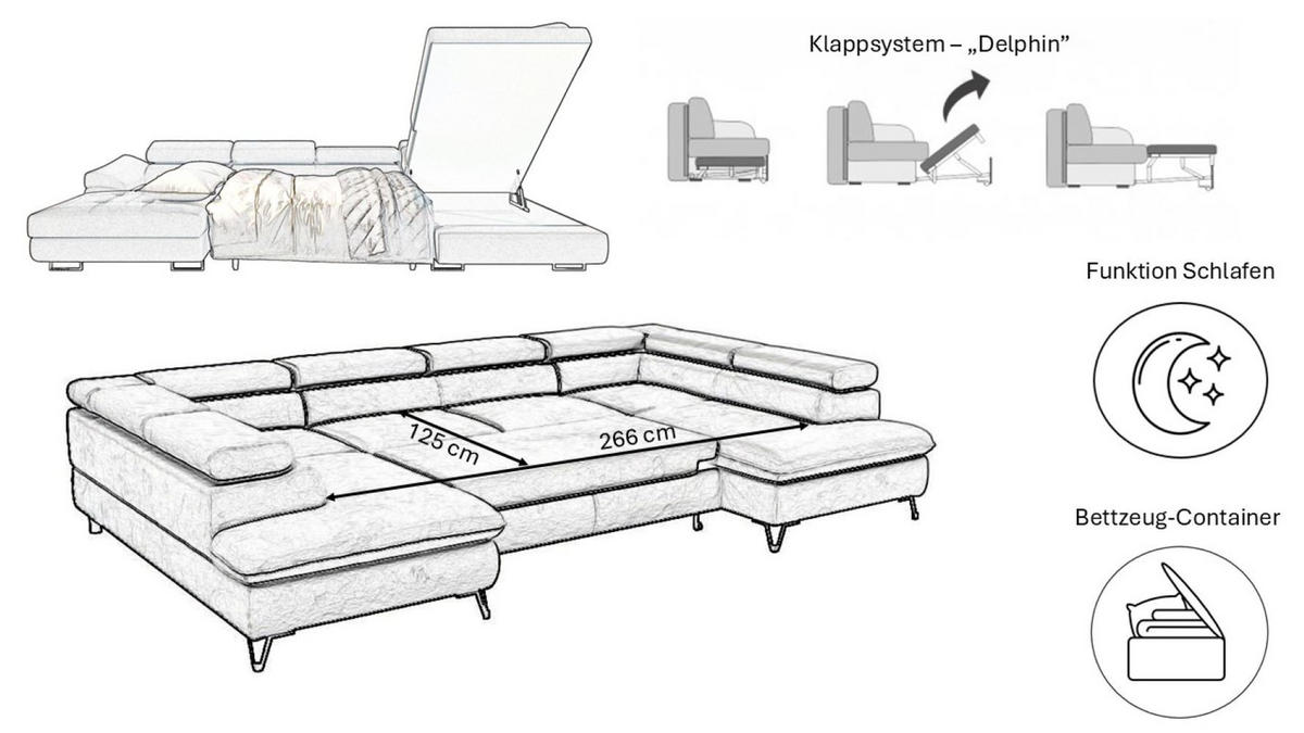 ECKSOFA Falio II U-förmiges Mit Schlaffunktion Und Verstellbaren Kopfstützen Dunkelgrün Rechts - Dunkelgrün, Holz/Textil (345/202cm) - Kaiser Möbel