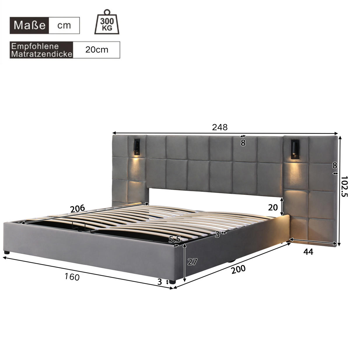 SAMT-POLSTERBETT 160/200 cm mit Bettkasten, USB und LED-Leselicht in Grau - Grau, Metall (160/200cm) - BEAOK