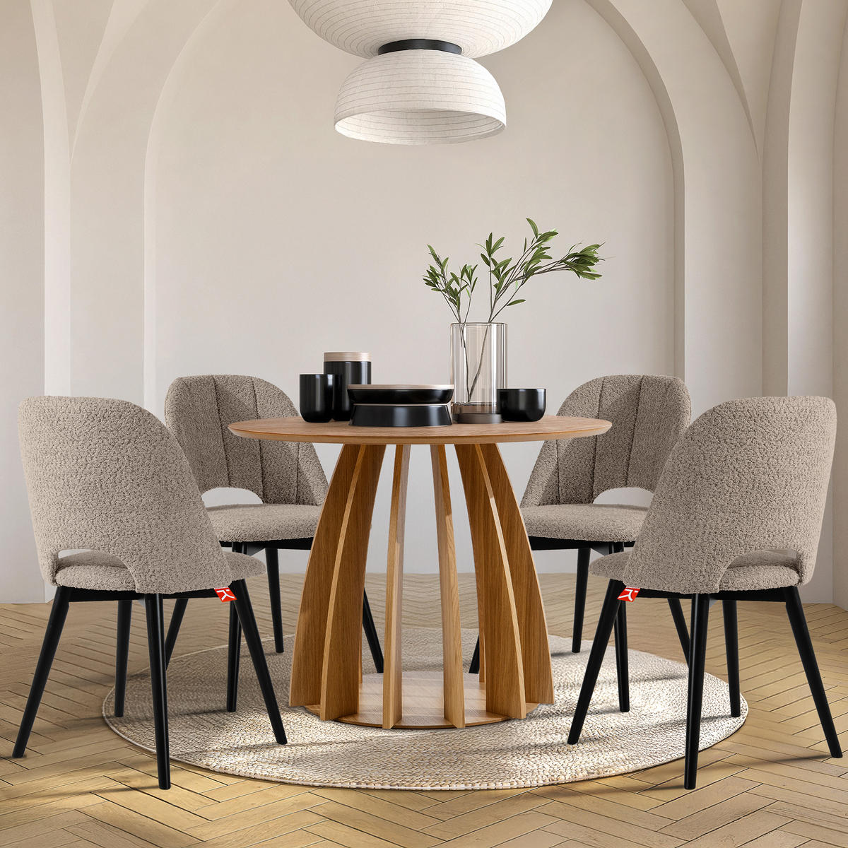 POLSTERSTUHL TINO Wohnzimmerstühl, 2-er Set, Bouclé - Beige/Schwarz, Holz/Textil (48/86/44cm) - KONSIMO®