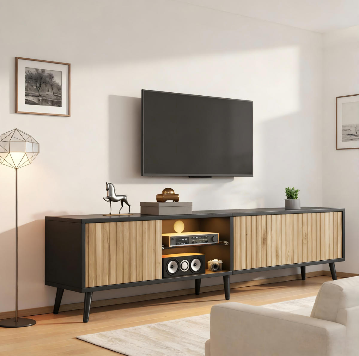 TV-LOWBOARD 175/31/43,5 cm naturfarben/schwarz aus Spanplatte mit LED - Naturfarben, Holzwerkstoff (31/43.5/175cm) - OKWISH