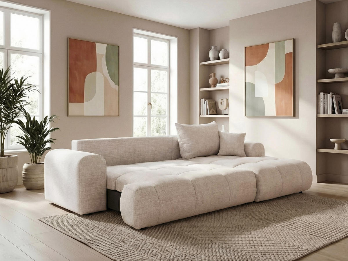 ECKSOFA MILANO mit Schlaffunktion und Bettkasten Creme - Creme, Holzwerkstoff/Kunststoff (250/90cm) - Idohome