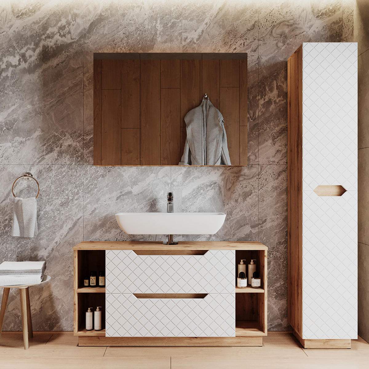 KOUPELNOVÝ NÁBYTEK Lotta Dub/bílá se strukturou dlaždic - bílá, kompozitní dřevo (119.2/62.5/35cm) - Vicco