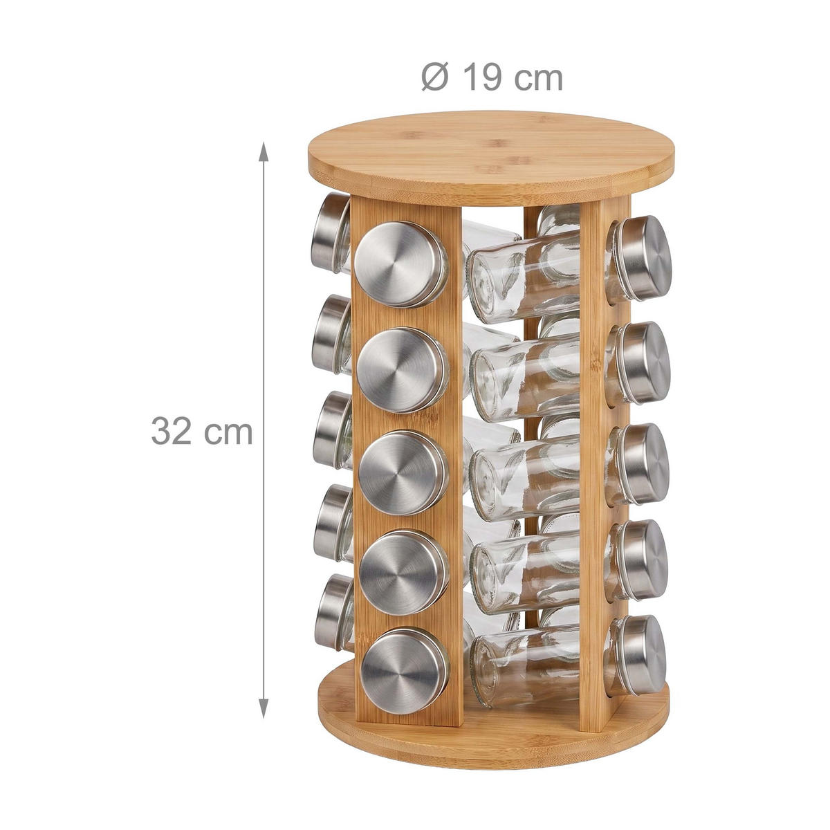 GEWÜRZKARUSSELL Natur 20er-Set Bambus drehbar - Multicolor, Glas/Holz (19/32/19cm) - Relaxdays