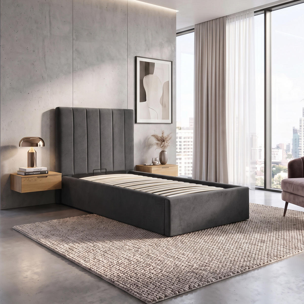 ČALOUNĚNÁ POSTEL Melvio, jednolůžko 90 × 200 cm s úložným prostorem a vysokým prošívaným čelem, bez matrace, tmavě šedá - tmavě šedá, textil (90/200cm) - Beautysofa