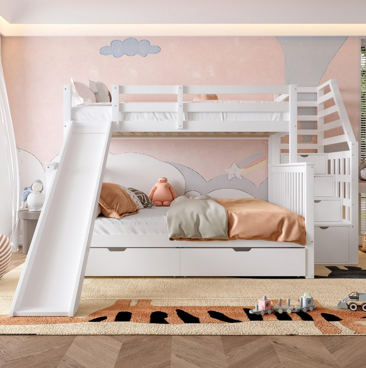 ETAGENBETT 90/200 über 140/200 cm mit Rutsche und Stauraum in Antikweiß - Weiß, Holzwerkstoff (90/200cm) - BEAOK