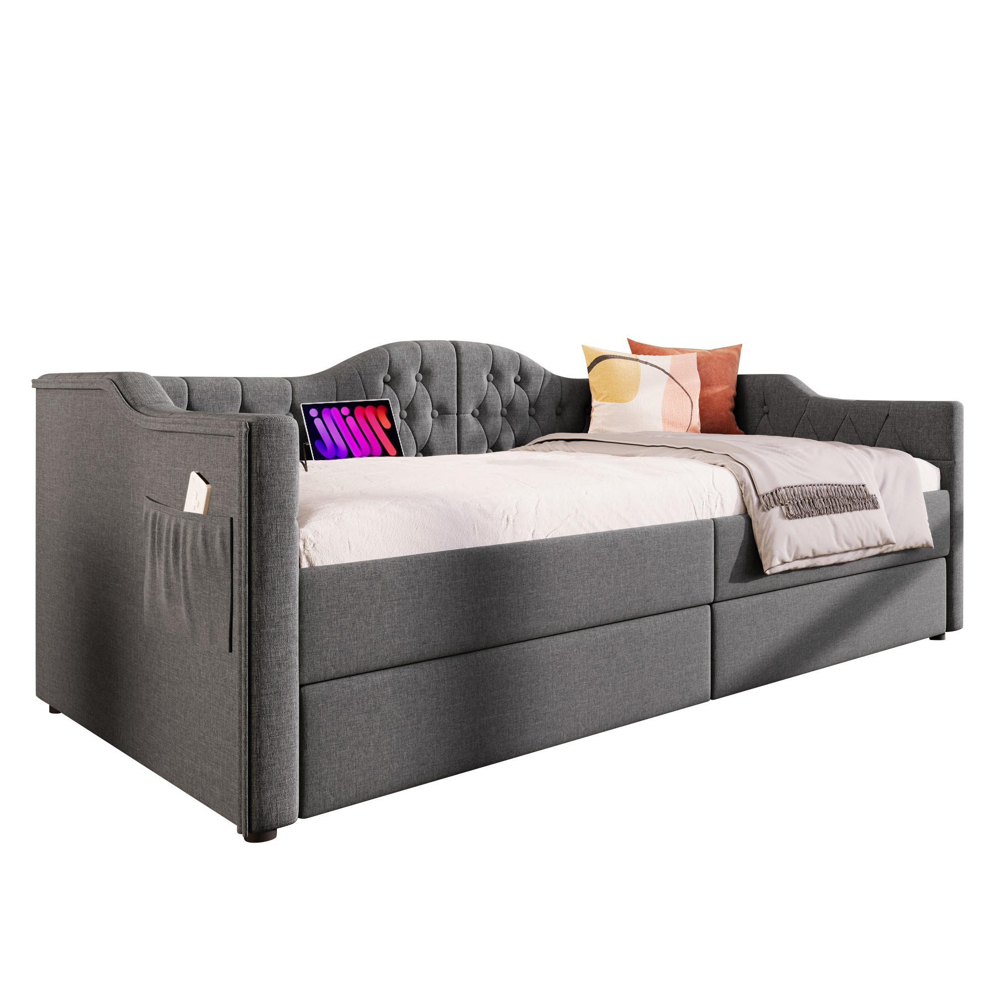 WISHDOR ČALOUNĚNÁ POSTEL 90/190 cm šedá len s 2 zásuvkami, USB portem a Type-C